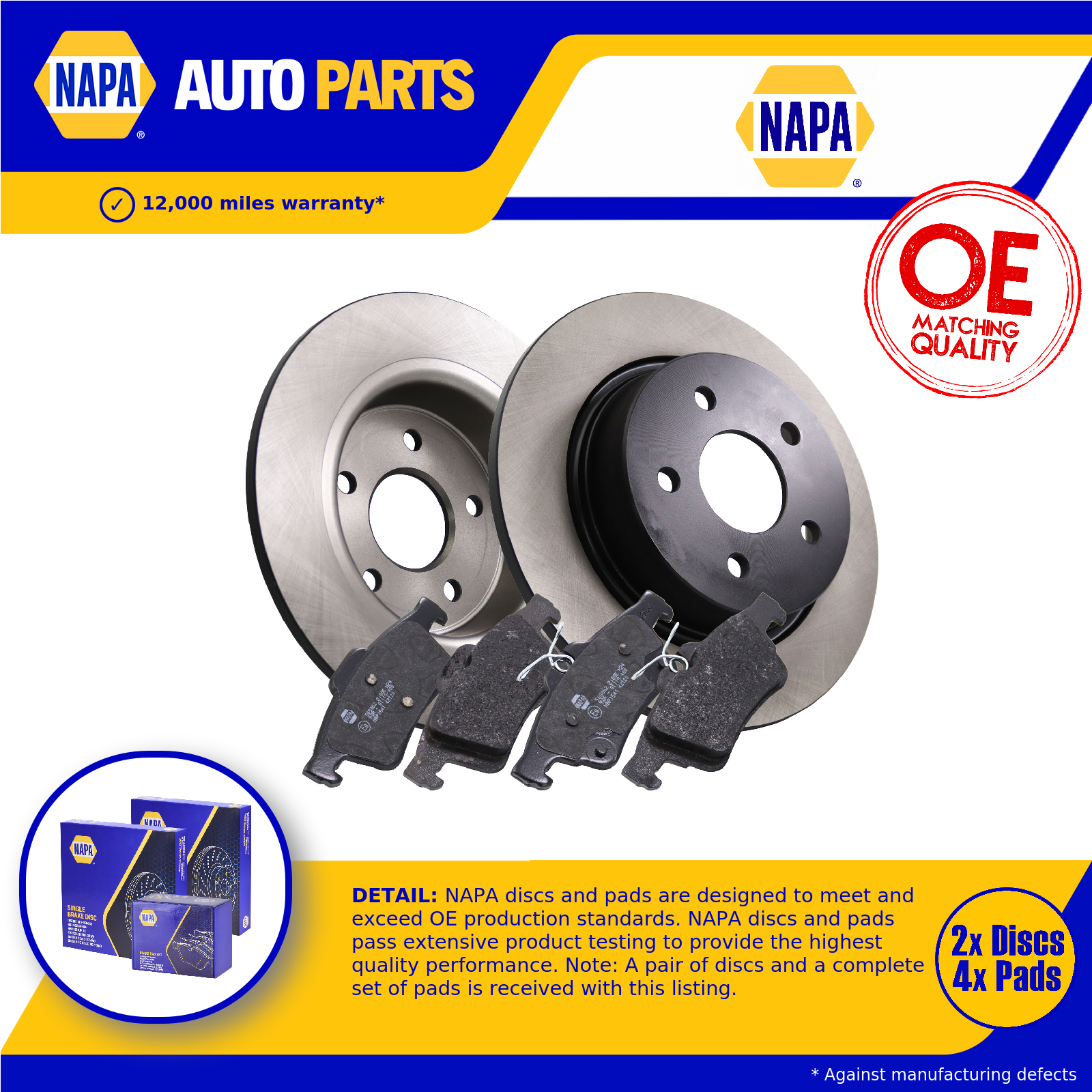 Set of 2x Solid Brake Discs Pair with Pads NAPA NBK5305DP [PM2580031]